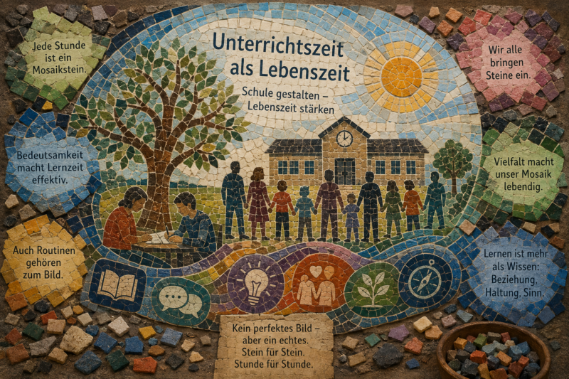 Ein Mosaik aus farbigen Steinen mit Erläuterungen